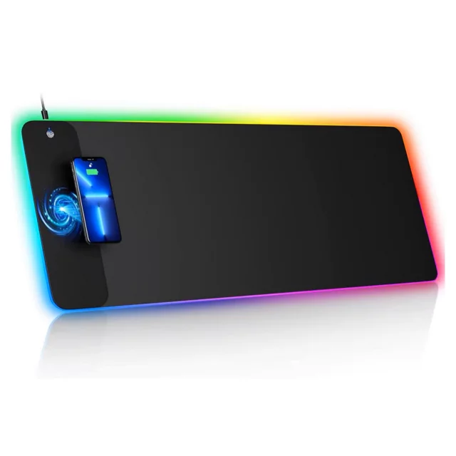 Podkładka na biurko z oświetleniem LED RGB pod myszkę mysz klawiaturę z ładowarką Qi do telefonu Alogy QiGlow Pro Mata ochronna antypoślizgowa gamingowa XL 80x30 cm Czarna