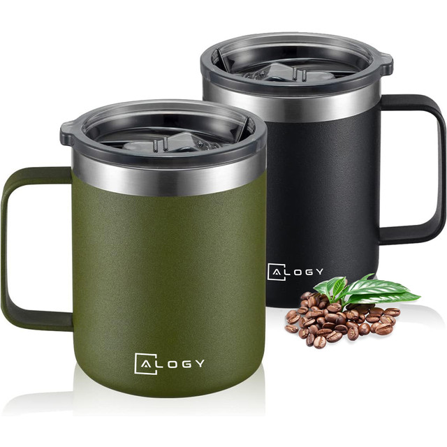 Thermobecher-Set mit 2 Tassen Thermobecher 420 ml mit Griffdeckel für Kaffee Tee Stahl Alogy Schwarz Grün