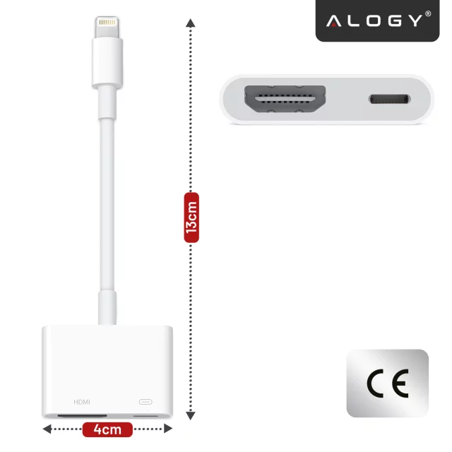 Przejściówka Lightning do HDMI i Lightning – adapter Full HD 60 Hz, łatwe podłączenie iPhone / iPad do TV lub projektora, Plug & Play – Alogy LightningHD™ Biały