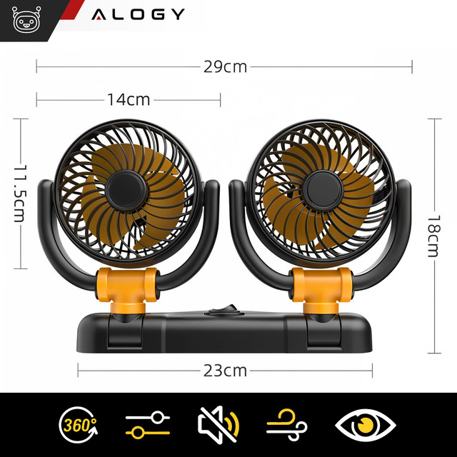 Double fan car fan for cockpit adjustable silent for cigarette lighter for Alogy Car 12V Black
