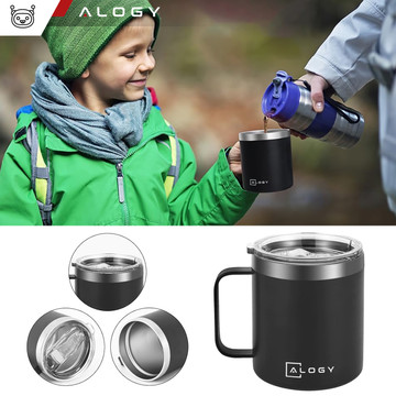 Thermal mug 420ml with handle lid for coffee tea steel cold and warm drinks Alogy Black Washing brush