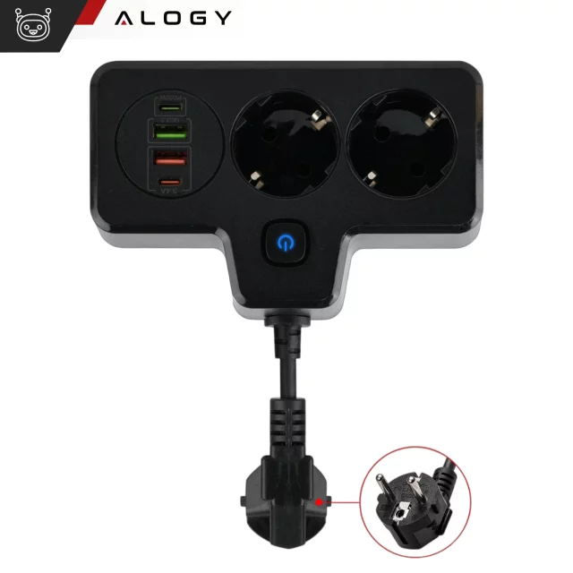 Rozgałęźnik gniazdka Alogy Plug Extender rozdzielacz adapter przedłużacz 2x wtyczka EU + 2x USB + 2x USB-C Czarny