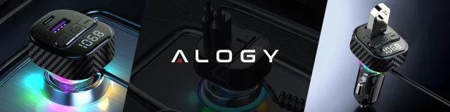 Transmiter FM Bluetooth 5.3 z Ładowarką Samochodową PD 30W QC3.0, Kabel Sprężynowy USB-C, Obsługa Pendrive, Podświetlenie LED 7 Barw – Alogy CarTune™ Czarny