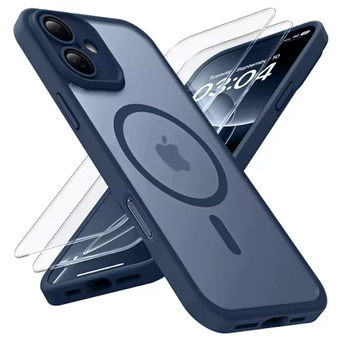 3-in-1 Hybrid-Schutzhüllen-Set mit gehärtetem Glas für Apple iPhone 16, Hybrid-MagSafe-Schutzhülle mit Linsenschutz, Alogy 3-in-1-Hüllen-Set, Marineblau
