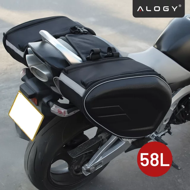 Sakwa Motocyklowa 38–58L – Torba, Kufry boczne, Sakwa na Tylne Siedzenie, Wodoodporna, Twardy Materiał, Regulowana na Motocykl – Alogy RoadPack™ Czarna