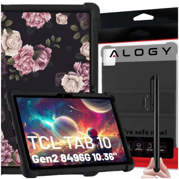 Glashülle für TCL TAB 10 Gen2 8496G 10,36 Zoll 10,4 Tablet-Hülle, Silikon, Alogy Standhülle, Schwarz, Stylus gratis