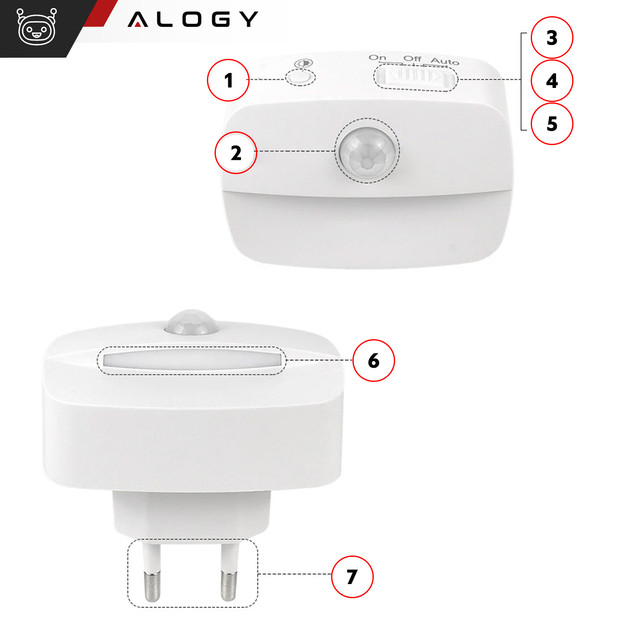 2x LED night lamp with motion sensor for EU socket, 3 light colors Alogy Night Light White