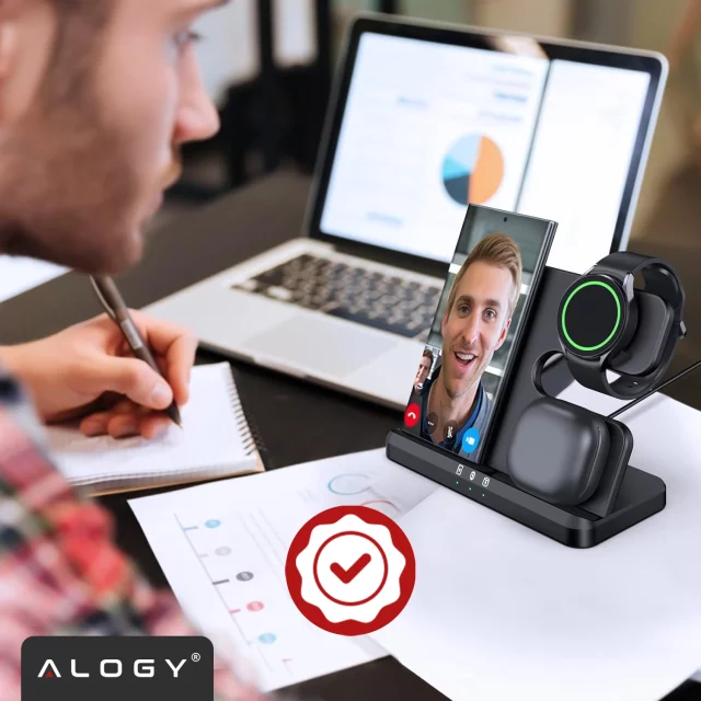 Kabelloses induktives Ladegerät 3in1 Qi 3.0 Fast für Samsung S22 S23 S24 Galaxy Watch Buds Station schwarz