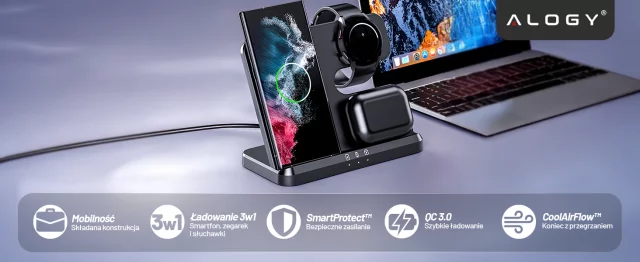 Bezdrátová indukční nabíječka 3v1 Qi 3.0 Fast pro Samsung S22 S23 S24 Galaxy Watch Buds Station černá