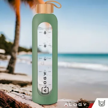 Alogy Large Glass Bottle Drinking Bottle Motivational Measuring Cup 1l 1000ml Silicone Case Olive