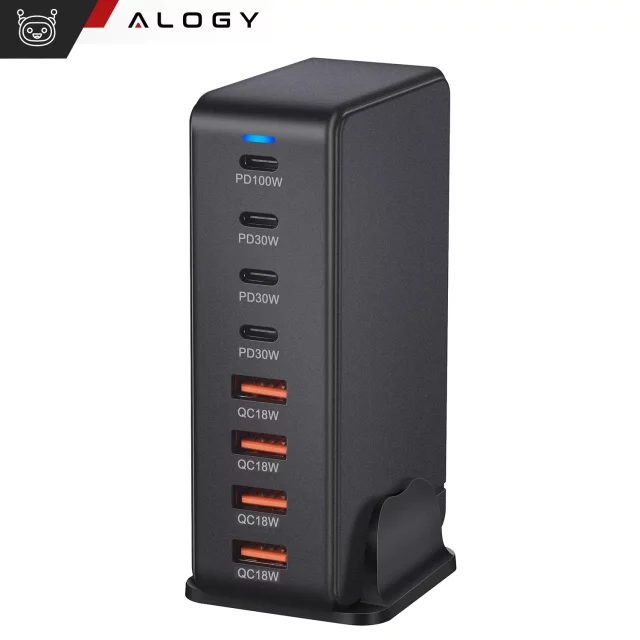 Ładowarka sieciowa 8w1 Ultra Szybka 240W GaN3 4x USB-C 4x USB Alogy Fast Charger Czarna