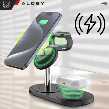 3v1 indukční nabíječka pro telefon hodinky sluchátka Alogy Qi nabíječka pro Apple iPhone Watch AirPods černá