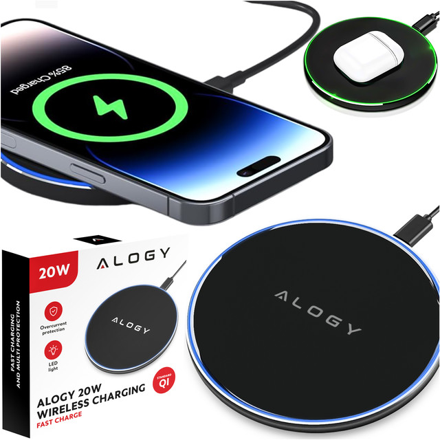 QI kabelloses induktives Ladegerät 20 W schnelles LED Alogy rundes starkes USB-C-Kabel Schwarz