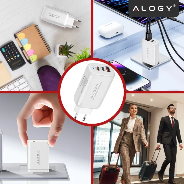 Alogy GaNCharge Kompaktes 3-in-1-Wandladegerät, schnelles Laden, GaN3, 65 W, USB-A, 30 W, 2 x USB-C, 65 W, Weiß