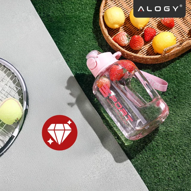 Duża Butelka Motywacyjna na Wodę 1.7L Bidon Sportowy z Miarką, Uchwytem i Pokrywką 2w1 (Dzióbek + Słomka), Wygodna i Szczelna, Alogy Sport 1700ml – Różowa