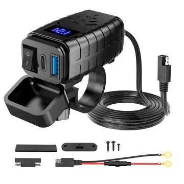 Alogy MotoCharge Pro™ Motorcycle Charger with Display, 36W PD QC 3.0 Fast Charging, USB-A and USB-C Ports, Waterproof and Rugged, Black