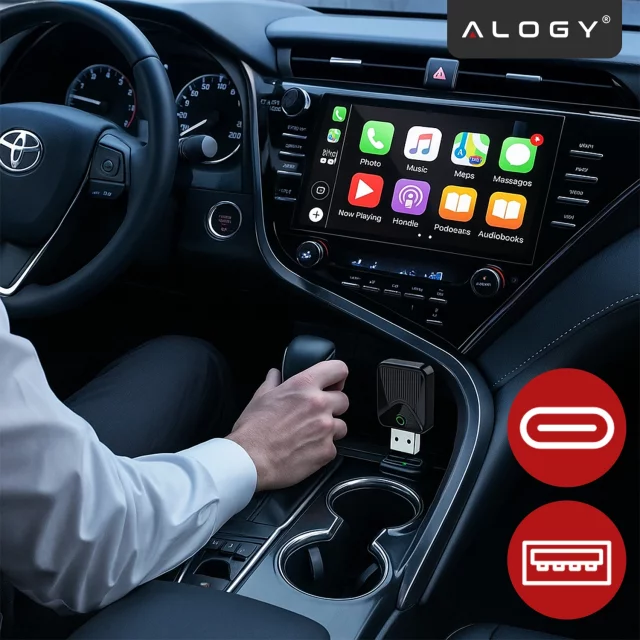 Adapter Bezprzewodowy Apple CarPlay i Android Auto do Auta, Plug & Play z Portem USB-A + Przejściówka USB-C, Szybkie Połączenie i Stabilna Transmisja, Alogy DriveLink™