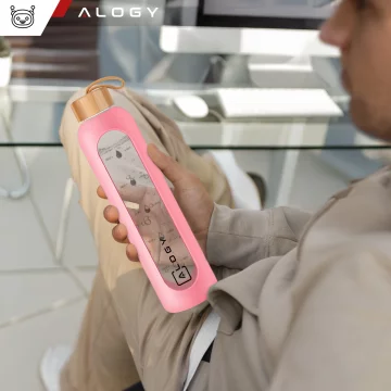 Velká skleněná láhev na pití Alogy Motivační odměrka 1l 1000ml silikonové pouzdro Růžové