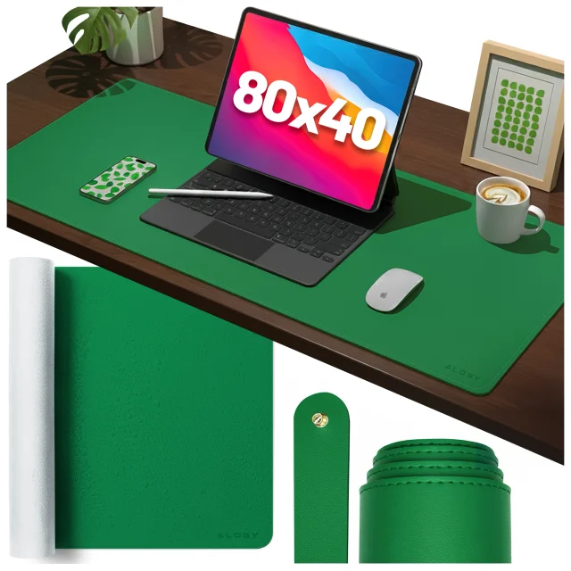 Podkładka na biurko 80×40 cm – antypoślizgowa mata ochronna z eleganckiej ekoskóry PU, pod mysz i klawiaturę, stylowa i trwała – Alogy WorkMat™ Zielona