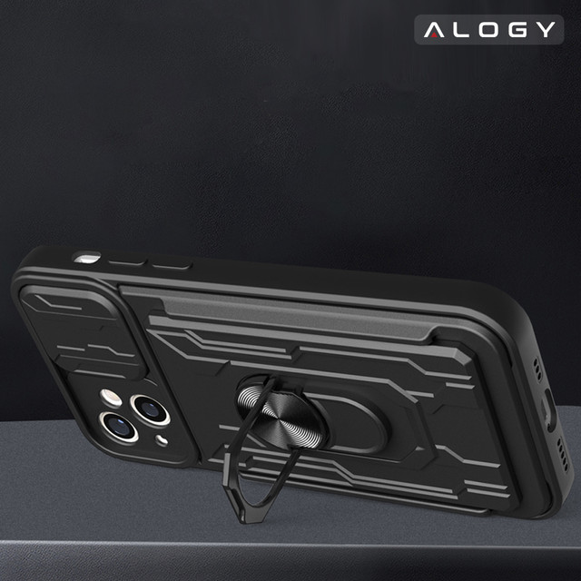 Alogy Camshield Stand Ring Wallet Case with Camera Protector and Card Slot for Apple iPhone 14 Plus Black Glass