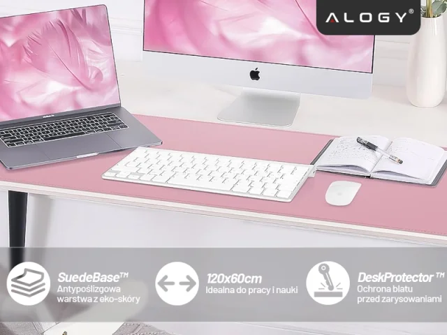 Podkładka na biurko 120×60 cm – antypoślizgowa mata ochronna z eleganckiej ekoskóry PU, pod mysz i klawiaturę, stylowa i trwała – Alogy WorkMat™ Różowa