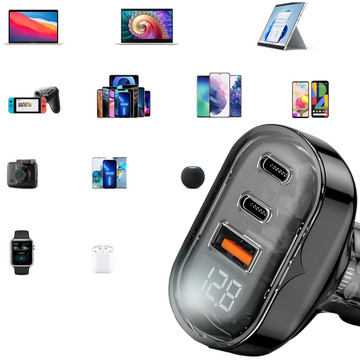 Car charger 2x USB-C C PD 36W USB QC 3.0 LED fast for phone, powerful 72W Alogy black