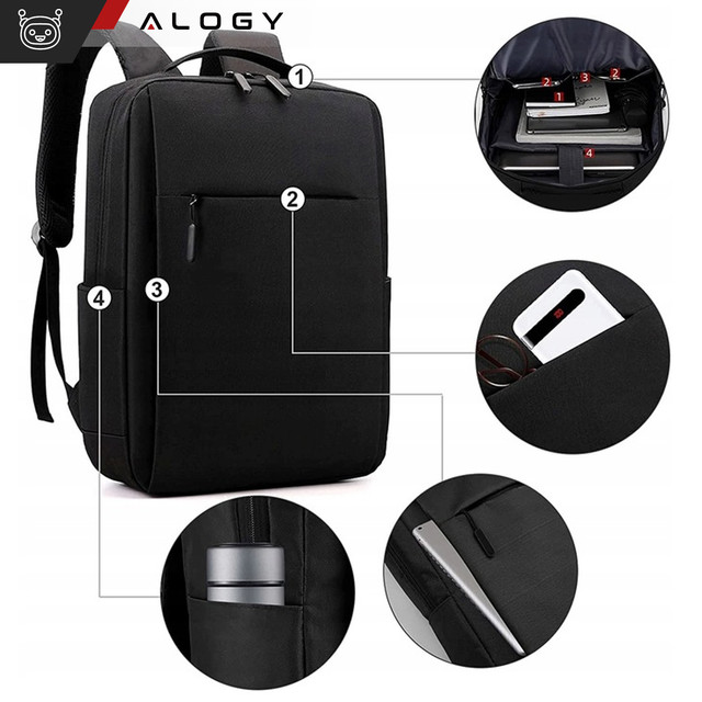 Rucksack Laptoptasche 15,6" groß wasserdicht mit USB-Anschluss Unisex 41x29x12cm für Flugzeug Alogy Rucksack Schwarz