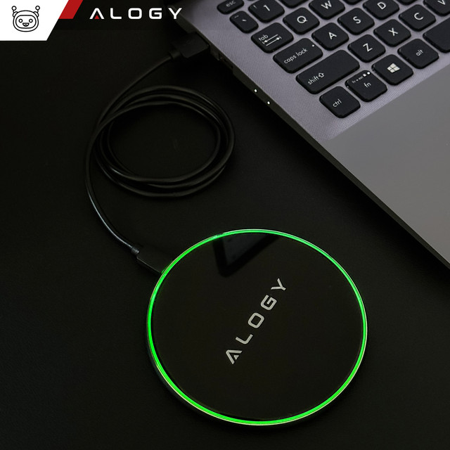 QI kabelloses induktives Ladegerät 15 W schnelle LED Alogy rund für iPhone USB-C-Kabel Schwarz