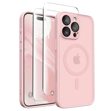 3-in-1 Hybrid-Glashüllen-Set für Apple iPhone 16 Pro: Schutzhülle mit Hybrid-MagSafe-Funktion und Linsenschutz, 2x Displayschutzfolie aus gehärtetem Glas, Alogy 3-in-1-Hüllen-Set, Pink