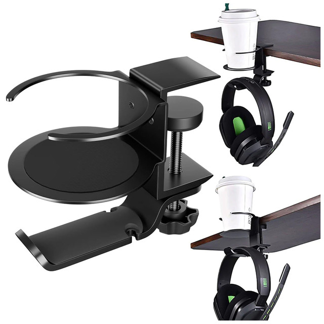 2in1 Desk Organizer Holder for Cup Headphones Cables Desk Aluminum Stand Hanger Hook Alogy Black
