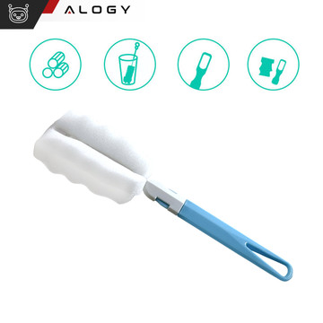 Washing brush for cleaning bottles, jars and glasses Sponge Cleaner Washer with foldable handle Alogy blue and white
