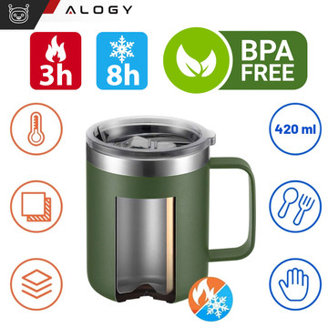 Thermobecher 420 ml mit Griffdeckel für Kaffee, Tee, Stahl, kalte und heiße Getränke Alogy Green Waschbürste