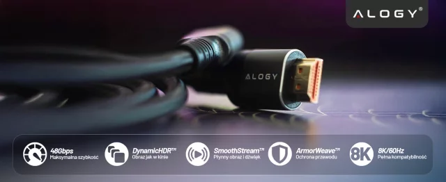 Kabel HDMI 2.1 10 m, 4K/8K Alogy Ultra High Speed™ 48 Gbps 60Hz, Premium z Pozłacanymi Końcówkami, Nylonowy Oplot, Miedziany – Czarny