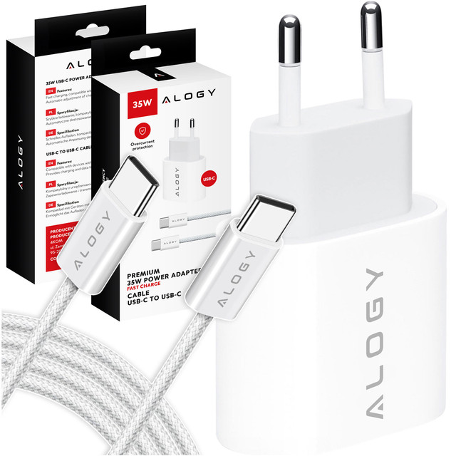 Rychlá a výkonná 35W USB-C nástěnná nabíječka USB typ C PD GaN pro iPhone 15 kabel typu C 1m Alogy White