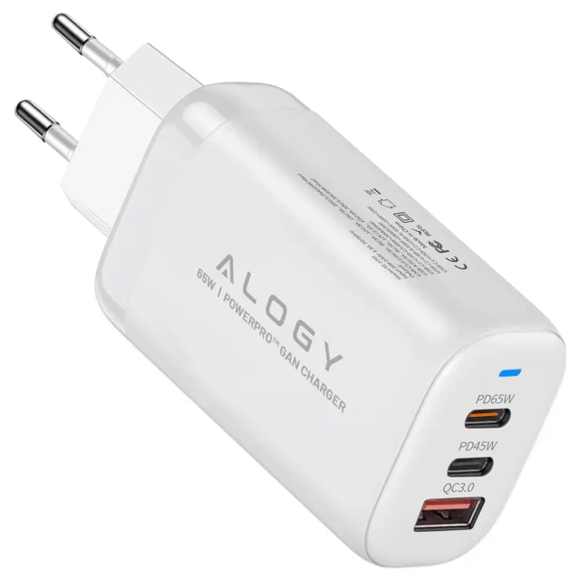 Alogy GaNCharge Kompaktes 3-in-1-Wandladegerät, schnelles Laden, GaN3, 65 W, USB-A, 30 W, 2 x USB-C, 65 W, Weiß