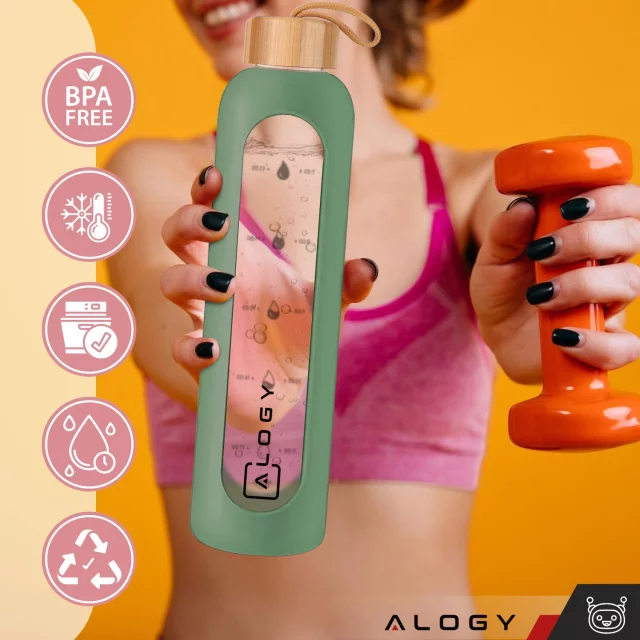 Große Glasflasche, Trinkflasche Alogy Motivational Messbecher 1l 1000ml, Silikonhülle Olive