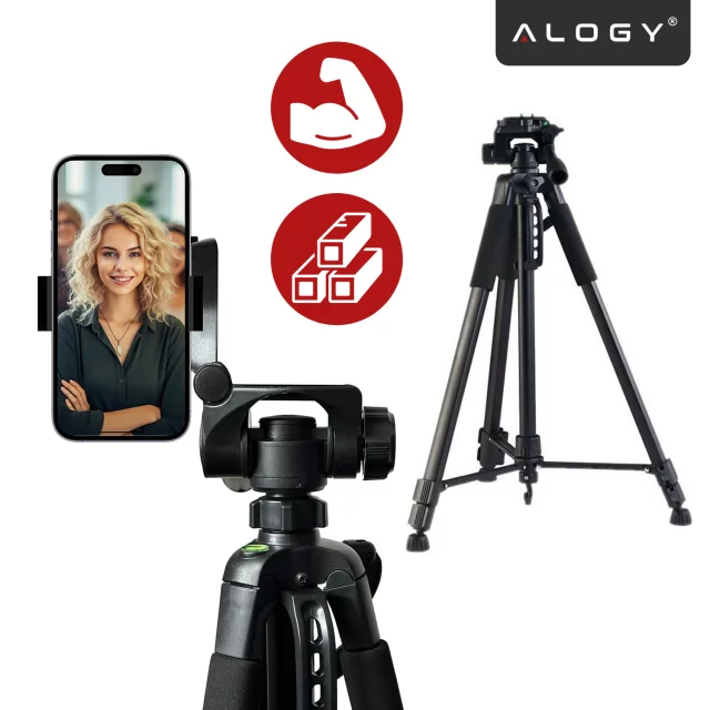 Fotografování ze stativu Stativ Univerzální stojan na fotoaparát 1/4 držák na telefon s fotoaparátem 170 cm Alogy Black