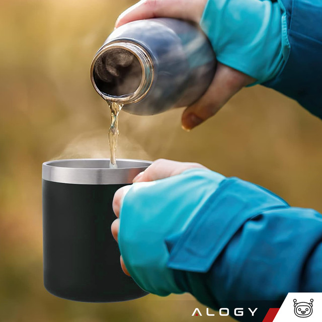 Kubek termiczny 420ml z uchwytem pokrywką na kawę herbatę stalowy zimne i ciepłe napoje Alogy Czarny + Szczotka do mycia