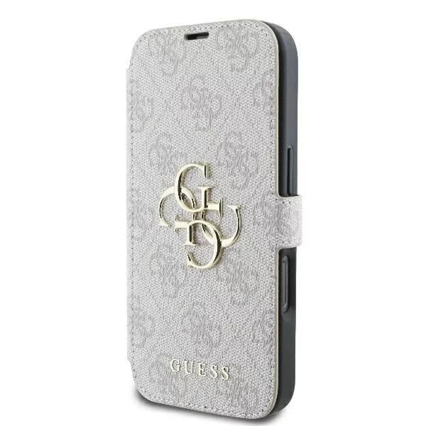 Guess 4G Metal Logo Book Case iPhone 16 Pro Max – růžový ze stojánku