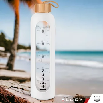 Alogy Large Glass Bottle Drinking Bottle Motivational Measuring Cup 1l 1000ml Silicone Case White