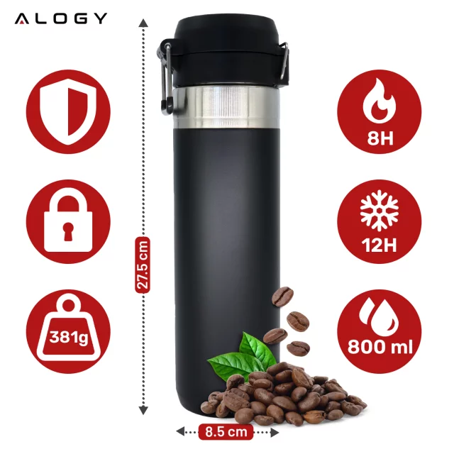 Kubek termiczny Termos Alogy ThermoGo™ 800ml Stalowy Szczelny Pakowny Podróżny do Kawy i Herbaty Sportowy Długo Trzymający Ciepło do Auta i Plecaka Czarny