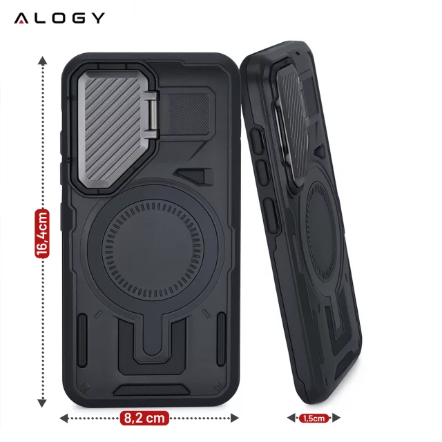 Etui do Samsung Galaxy S25 Plus Case do MagSafe Wzmocniona Pancerna ochrona obiektywów z funkcją podstawki obudowa ochronna na telefon Alogy HeavyDuty Mag™️Czarne