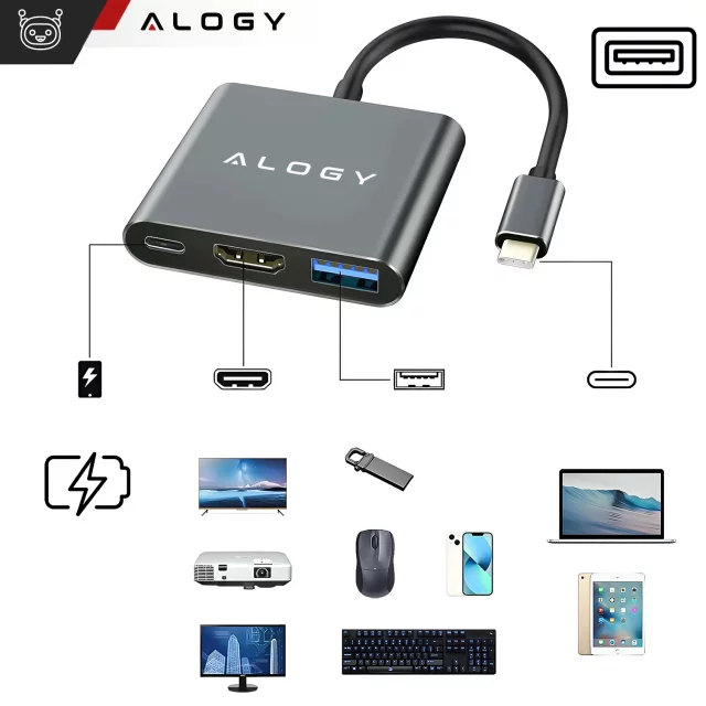 HUB 3v1 adaptér USB-C na HDMI USB-A USB-C 4K 60Hz Alogy šedá