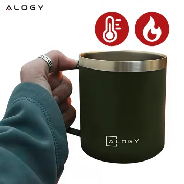 Termohrnek 420 ml s uchem a víčkem na kávu, čaj, ocel, studené a teplé nápoje Alogy Green