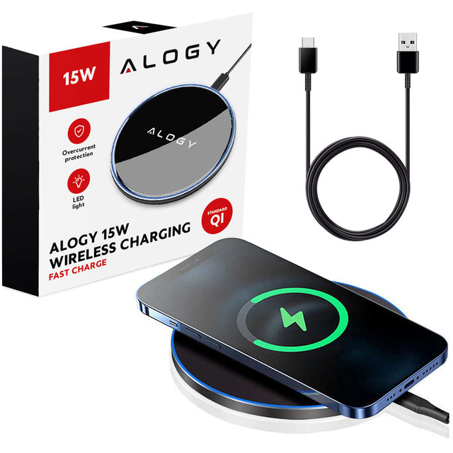 QI kabelloses induktives Ladegerät 15 W schnelle LED Alogy rund für iPhone USB-C-Kabel Schwarz