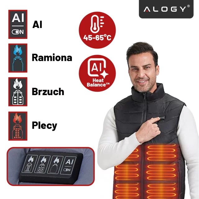 Kamizelka grzewcza z 28 strefami – 4-stopniowa regulacja temperatury, zasilanie USB, idealna na zimę i aktywności outdoor – Alogy ThermoVest™ Czarna (XL)