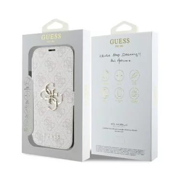 Guess 4G Metal Logo Book Case iPhone 16 Pro Max – růžový ze stojánku