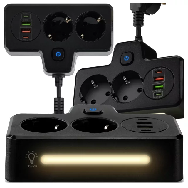 Rozgałęźnik gniazdka Alogy Plug Extender rozdzielacz adapter przedłużacz 2x wtyczka EU + 2x USB + 2x USB-C Czarny