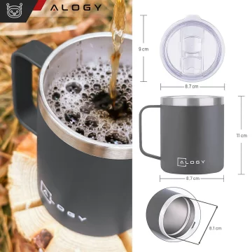 Kubek termiczny 420ml z uchwytem pokrywką na kawę herbatę stalowy zimne i ciepłe napoje Alogy Szary + Szczotka do mycia