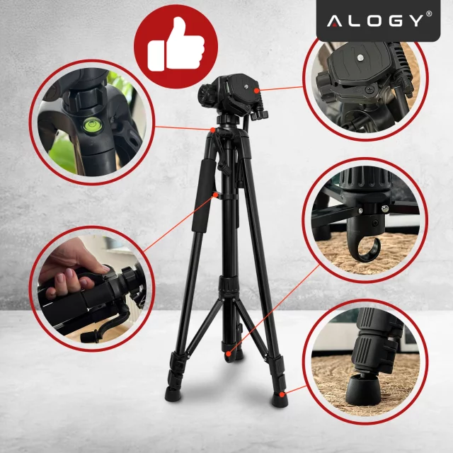 Fotografování ze stativu Stativ Univerzální stojan na fotoaparát 1/4 držák na telefon s fotoaparátem 170 cm Alogy Black